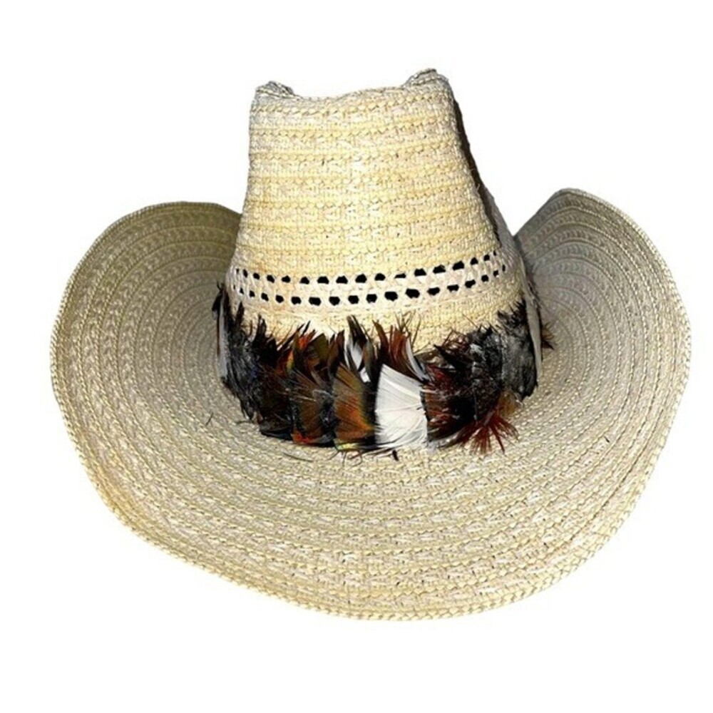 Western straw hat with bird feather brimmed cowgirl hat western wear SZ 7.5 brim